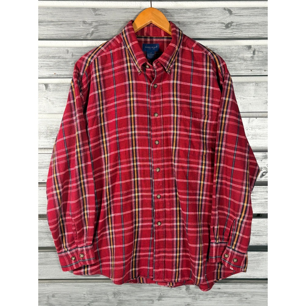 Vtg 90s Towncraft Mens Red Plaid Flannel Button Down Shirt L Long Sleeve Cotton